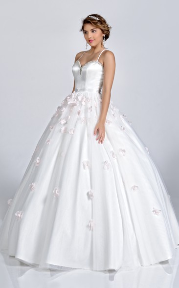 Sweetheart Satin Ball Gown With Spaghetti Straps And Petals