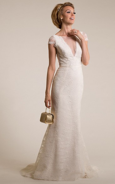 Sheath Scoop-Neck Cap-Sleeve Lace Wedding Dress With Illusion