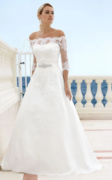 Floor-Length Off-The-Shoulder Appliqued 3-4-Sleeve Satin Wedding Dress