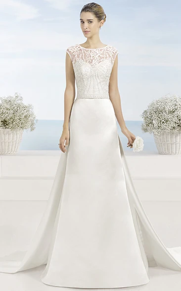Scoop Floor-Length Beaded Satin Wedding Dress With Watteau Train And Illusion