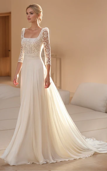 Vintage Ethereal Chiffon Lace Square Neck A-Line Warm Wedding Dress Elegant  Romantic Long Sleeve Floor-length Backless Bridal Gown with Sash