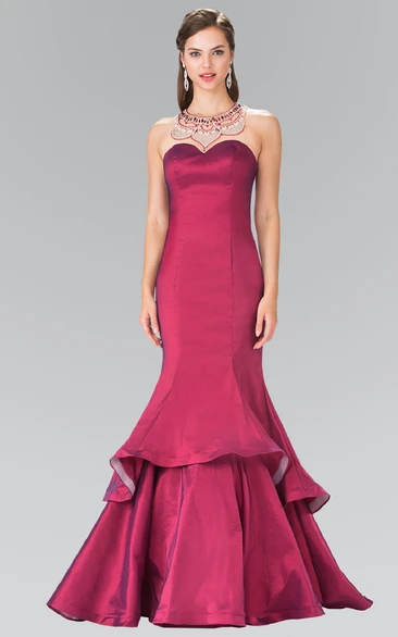 Trumpet Scoop-Neck Sleeveless Satin Illusion Dress With Beading And Tiers