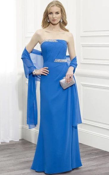 Strapless Ruched Chiffon Mother Of The Bride Dress With Beading And Cape