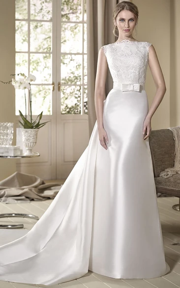 A-Line Appliqued Floor-Length Sleeveless Jewel-Neck Satin Wedding Dress