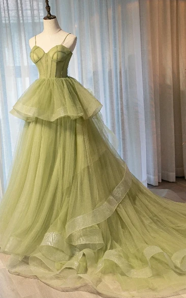 Ethereal Tulle Ball Gown Court Train Sleeveless Spaghetti Formal Dress with Peplum