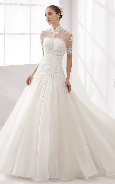 High-Neck Half-Sleeve Wedding Gown with Puffy Skirt and Lace Bodice