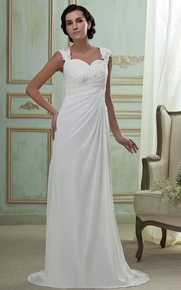 Queen Anne Cap-Sleeve Side-Ruching Chiffon Maxi Wedding Dress With Brush Train