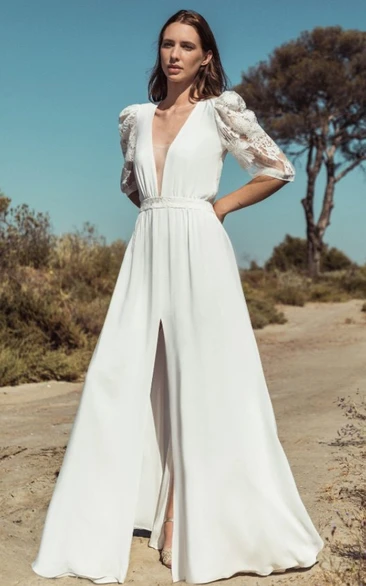 Romantic Satin A-Line Wedding Dress Plunging Neckline Split Front Half Sleeve