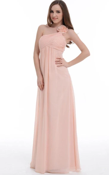 A-line Floor-length One-shoulder Chiffon Dress With Flower&Ruffles