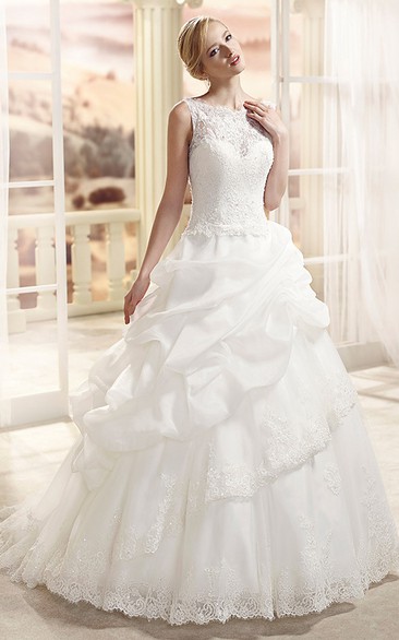 A-Line Bateau-Neck Floor-Length Sleeveless Pick-Up Lace&Organza Wedding Dress With Appliques
