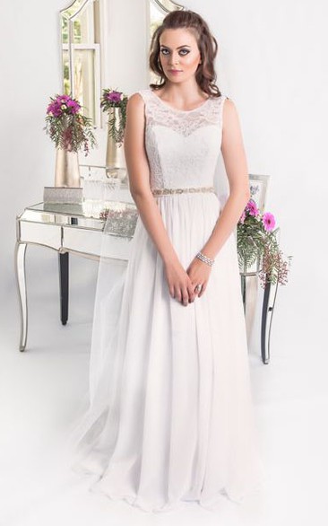 Sheath Maxi Sleeveless Scoop Chiffon&Lace Wedding Dress With Lace-Up Back