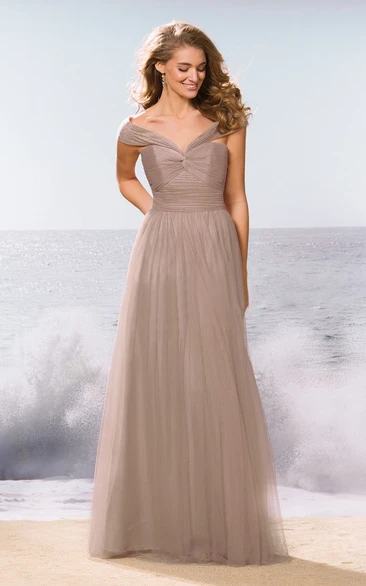 V-Neck Off-Shoulder A-Line Bridesmaid Dress With Pleats And Keyhole Back