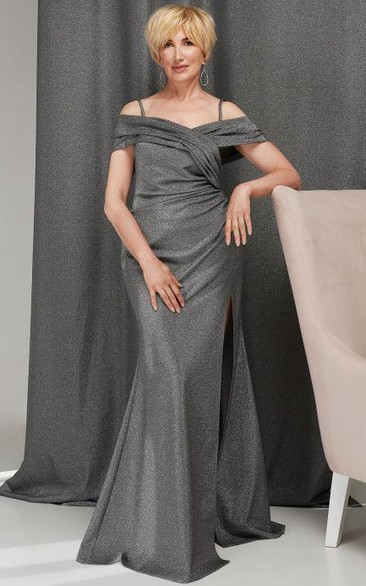 Sexy A Line Off-the-shoulder Sequins Floor-length Mother of the Bride Dress with Split Front