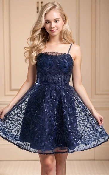 Adorable A-line Scoop Spaghetti Blue Lace Junior Short Party Homecoming Dress