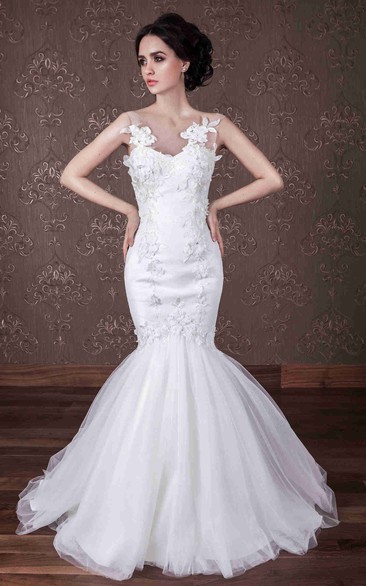 Mermaid Appliqued Scoop-Neck Floor-Length Sleeveless Tulle&Satin Wedding Dress