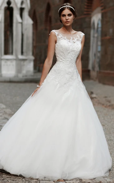 A-Line Appliqued Scoop-Neck Sleeveless Floor-Length Tulle Wedding Dress