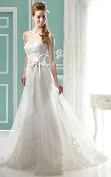 Sweetheart Long Wedding Gown with Bow Sash and Appliques