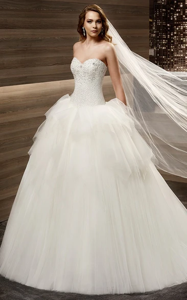 Sweetheart Beaded Wedding Gown with Pleated Corset and Ruffled Skirt