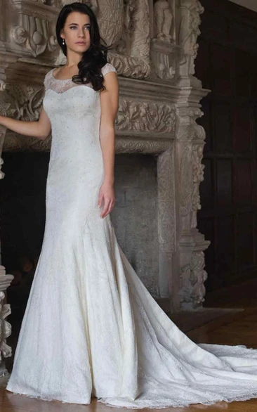 Sheath Appliqued Floor-Length Scoop-Neck Cap-Sleeve Lace Wedding Dress With Beading