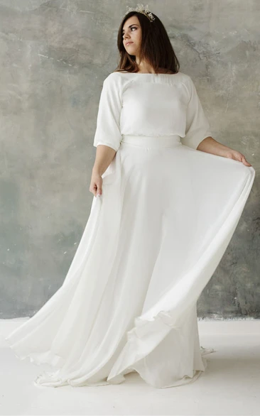 Plus Size Modest A Line Chiffon Half Sleeve Wedding Dress 