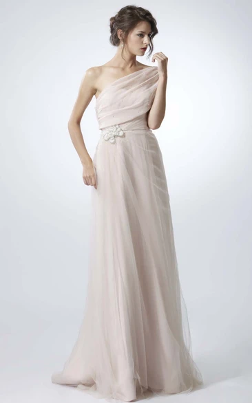 Jeweled One-Shoulder Sleeveless Tulle Prom Dress