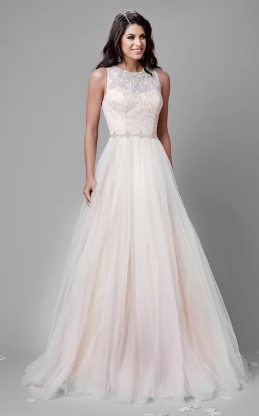 A-Line Tulle Sleeveless Jewel Neck Wedding Dress Featuring Lace Bodice