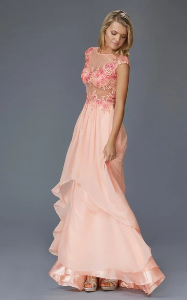 A-Line Maxi Scoop-Neck Cap-Sleeve Chiffon Illusion Dress With Appliques