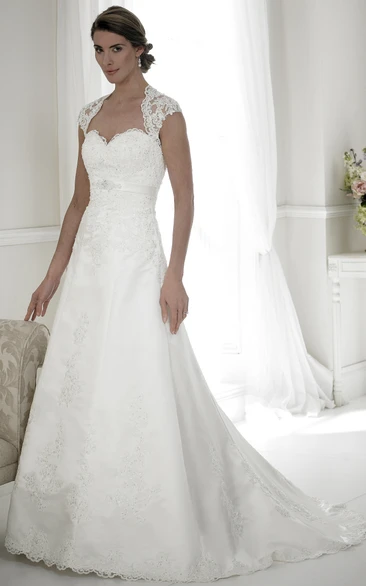 A-Line Sweetheart Floor-Length Cap-Sleeve Appliqued Satin Wedding Dress With Keyhole Back And Sweep Train