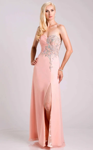 Sweetheart Ruched Bodice Chiffon Prom Dress With Side Slit And Pearls