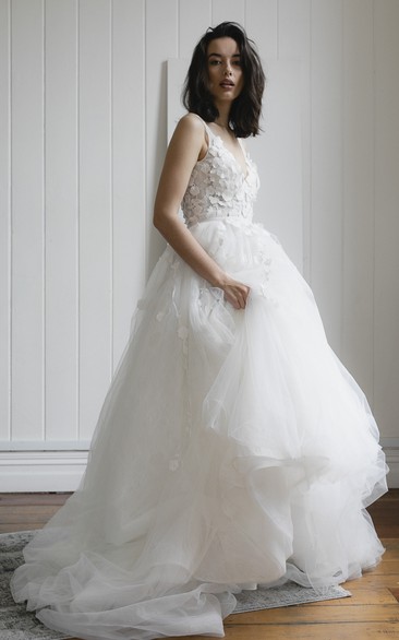 Deep V-back Romantic Plunging V-neck Sleeveless Bridal Ballgown With Lace Appliques And Tulle Skirt