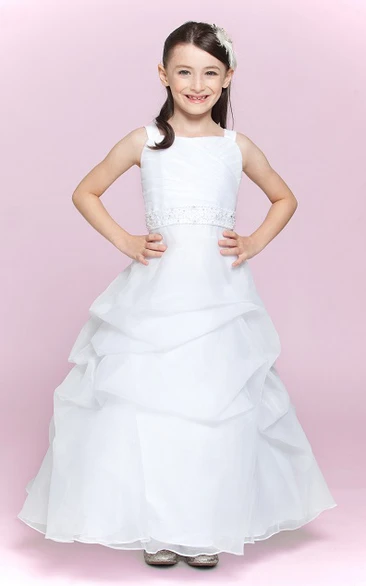 Flower Girl Square Neck A-line Organza Long Dress With Ruffled Skirt