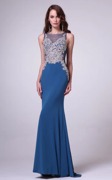 Sheath Long Scoop-Neck Sleeveless Jersey Illusion Dress With Beading And Pleats