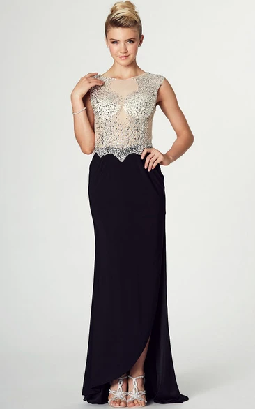 Sheath Floor-Length Scoop Cap-Sleeve Beaded Chiffon Prom Dress With Illusion Back And Split Front