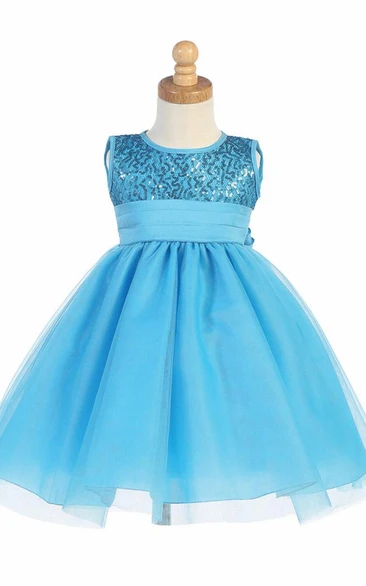 Tea-Length Pleated Empire Tiered Tulle&Sequins Flower Girl Dress With Sash