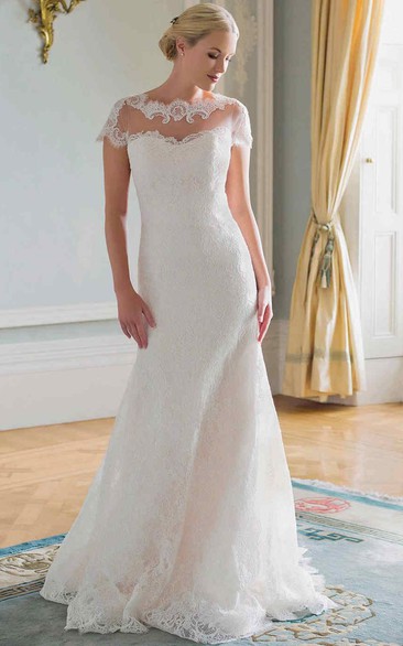 Sheath Cap-Sleeve Jewel-Neck Lace Wedding Dress With Illusion