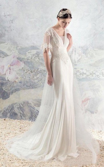 Boho Half Sleeve V-Neck Backless Lace and Tulle Wedding Dress