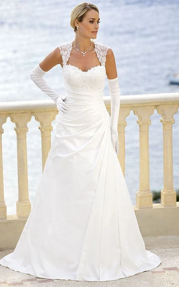 Long Queen Anne Side-Draped Satin Wedding Dress With Appliques And Keyhole