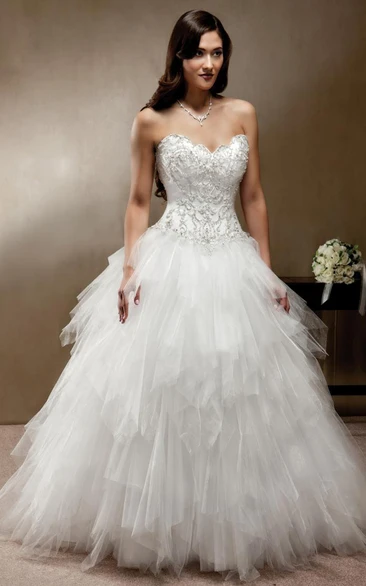 Ball-Gown Sleeveless Long Sweetheart Cascading-Ruffle Tulle Wedding Dress With Beading And Corset Back