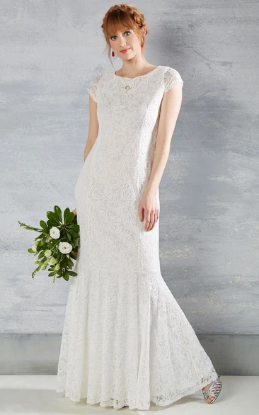Trumpet Floor-Length Cap-Sleeve Scoop-Neck Lace Wedding Dress With Zipper