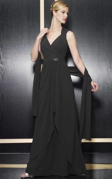 A-Line Floor-Length Draped Sleeveless V-Neck Chiffon Formal Dress With Keyhole Back And Broach