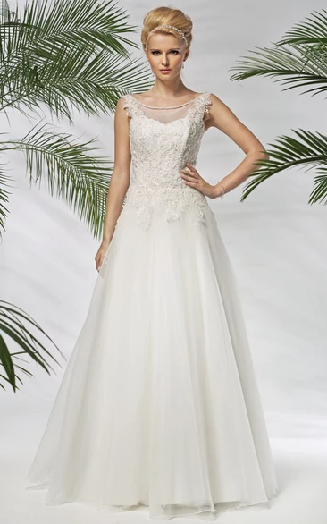 A-Line Appliqued Scoop-Neck Floor-Length Sleeveless Tulle&Satin Wedding Dress