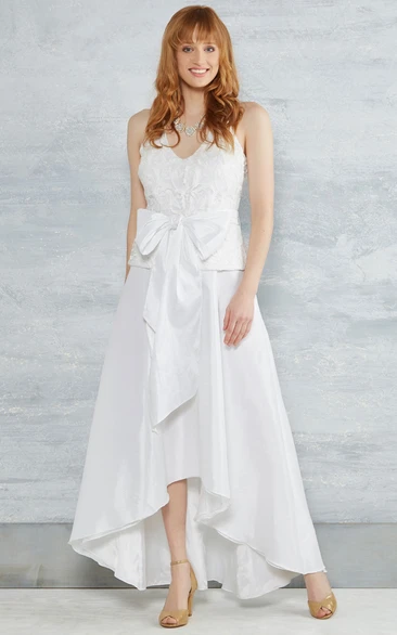 A-Line V-Neck Sleeveless High-Low Appliqued Taffeta Wedding Dress With Bow