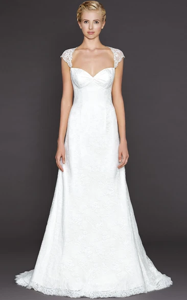 A-Line Long Queen Anne Lace Wedding Dress With Appliques And Keyhole