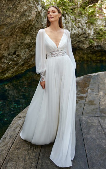 Modern A-Line Satin Wedding Dress With Poet Long Sleeves And Low-V Back 