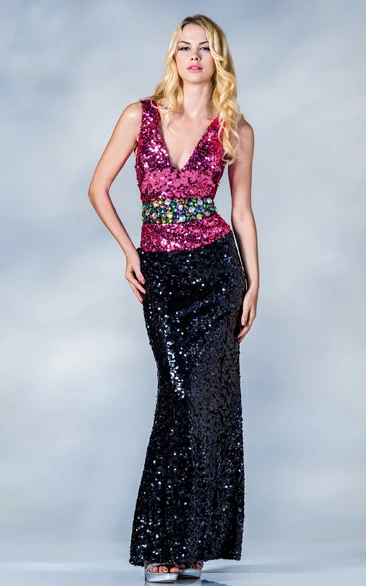 Muti-Color Sheath Ankle-Length V-Neck Sleeveless Sequins Dress With Beading