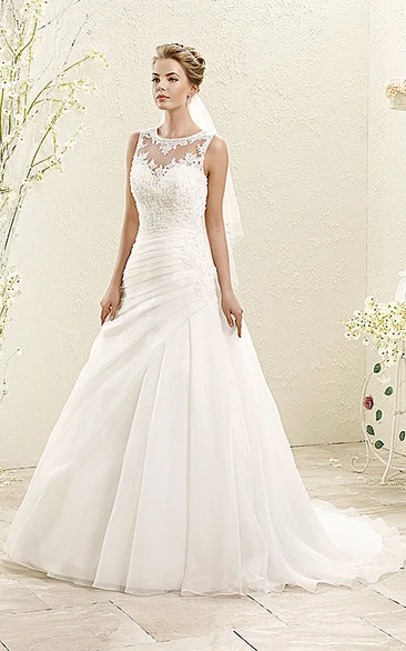 A-Line Scoop-Neck Floor-Length Sleeveless Appliqued Wedding Dress With Side Draping
