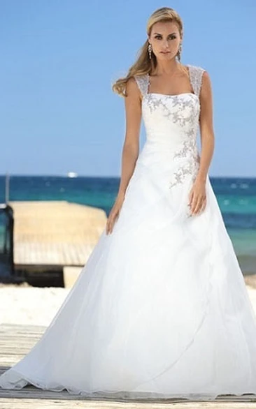A-Line Beaded Queen Anne Organza Wedding Dress With Side Draping