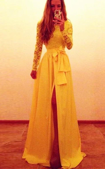 Sexy Long Sleeve Lace Chiffon Yellow Evening Dress Bowknot Front Split