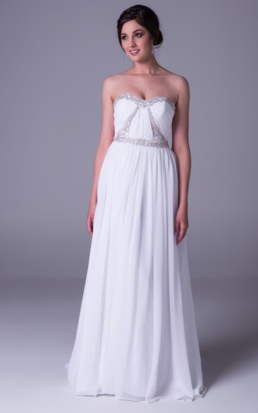 Sheath Ruched Sleeveless Floor-Length Strapless Chiffon Wedding Dress With Beading