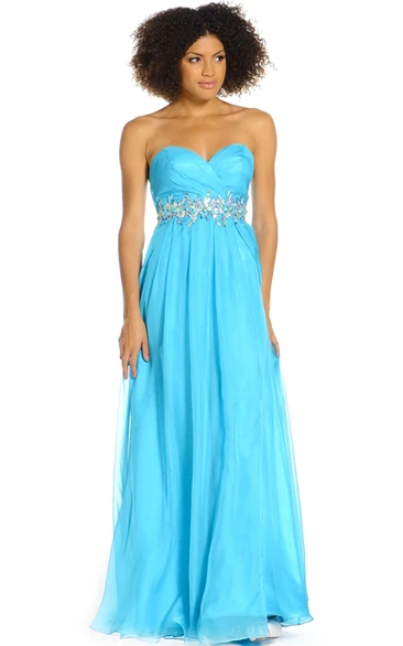A-Line Sweetheart Ruched Sleeveless Floor-Length Prom Dress With Waist Jewellery